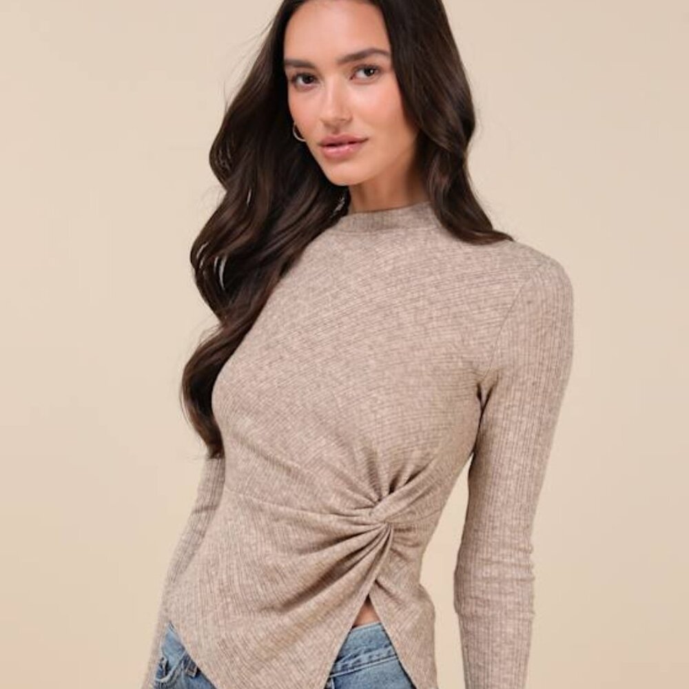 NWT Lulus Trendy Minimalist Heathered Tan Ribbed Knotted Top Brown - Size S
